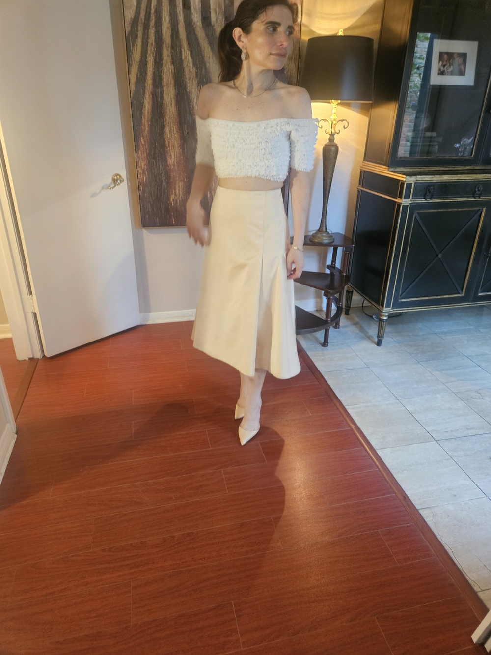 Zara Light Cream Midi Skirt with Front Slit